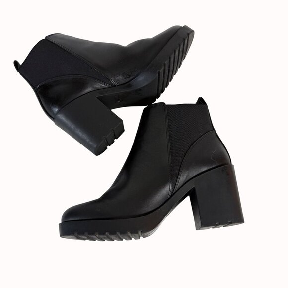 Divided Chunky Heel Ankle Boots Size 9.5 Biker Chic Black Platform Lug Shoe Edgy - Picture 6 of 16